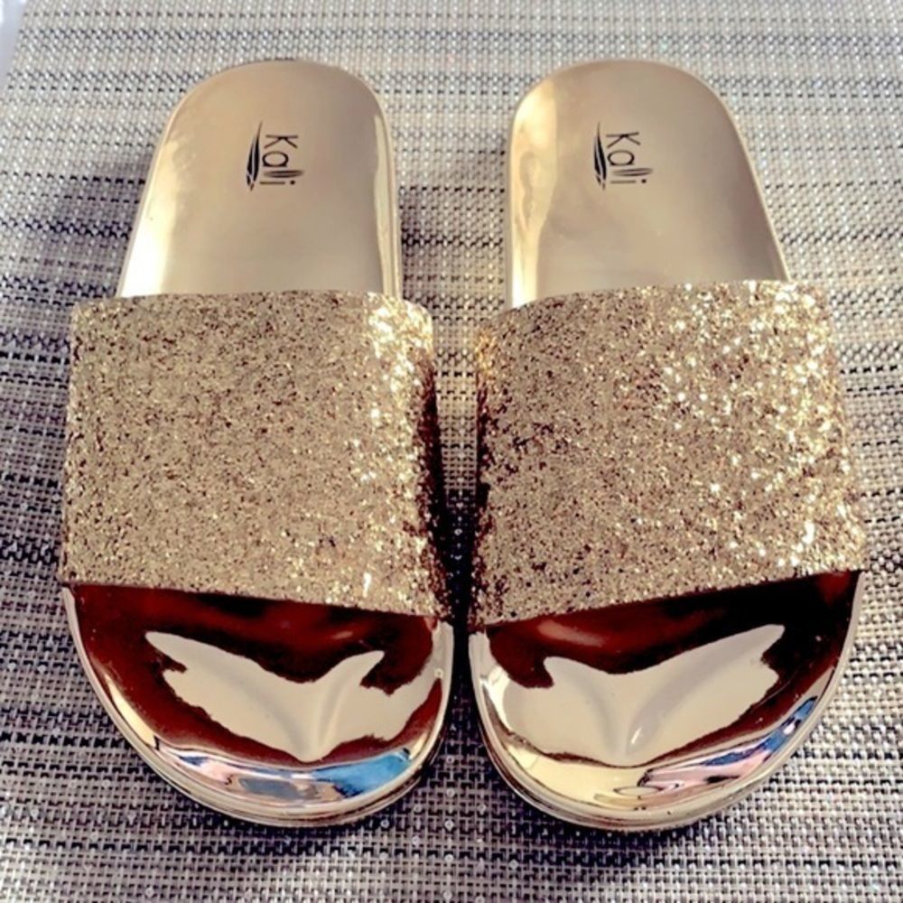 Kali Gold Glittery Slide Sandals